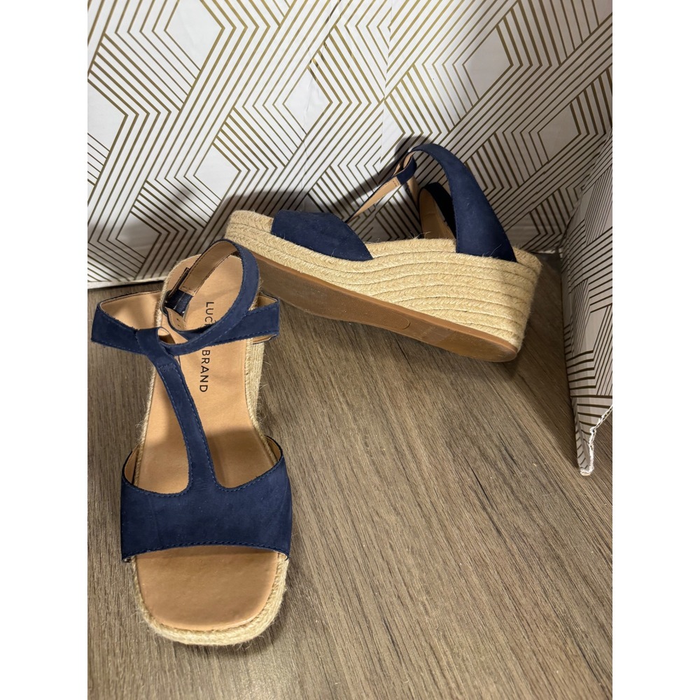 Lucky Brand Valki Navy Blue Leather T-Strap Espadrille Wedge Sandals 6.5M